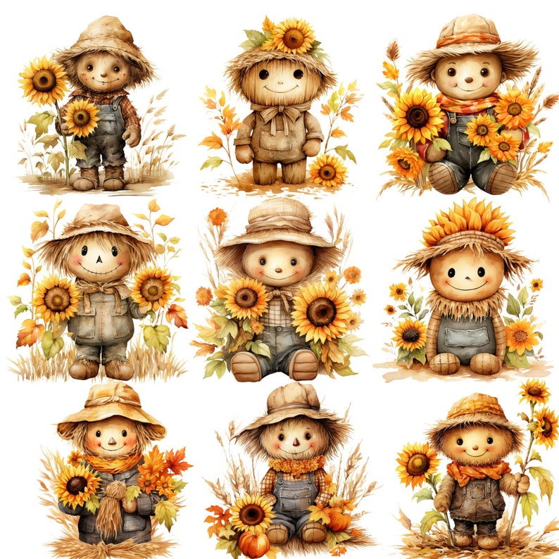 May include: Watercolor illustrations of adorable scarecrows with smiling faces, wearing straw hats and overalls. Each scarecrow is holding or surrounded by sunflowers and autumn foliage, creating a warm, harvest-themed design.