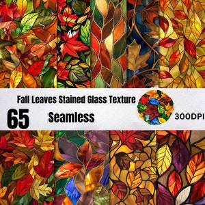 May include: 65 seamless stained glass textures featuring fall leaves in shades of red, orange, yellow, and green. The textures are perfect for crafting, scrapbooking, and digital design.