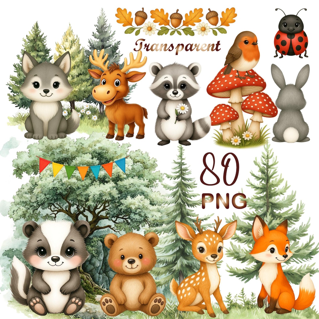 80 PNG Cute Woodland Animal Clipart Bundle, Birthday Forest Animals,kid ...