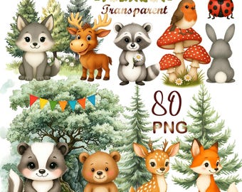 80 PNG Cute Woodland Animal Clipart Bundle, Birthday Forest Animals,Kid's Clipart,Sublimination Cute Animals,Digital Download,Commercial Use