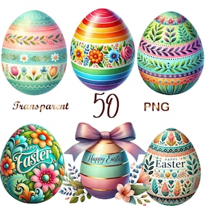 May include: Set of six colourful Easter eggs with floral and geometric designs. The eggs are decorated with various colours, including pink, blue, green, yellow, and orange. The eggs are perfect for decorating your home for Easter.