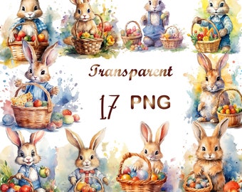 Op de afbeelding: Een set van 17 aquarel illustraties van paashazen die manden met eieren vasthouden. De konijnen staan in verschillende poses en hebben verschillende uitdrukkingen. De illustraties zijn op een witte achtergrond met aquarel spatten.