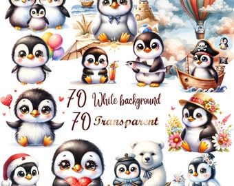 70 PNG/JPG, Zestaw akwarelowych, uroczych pingwinów, Uroczy śpiący pingwin, Urodziny miłośnika pingwinów, Baby Shower PNG
