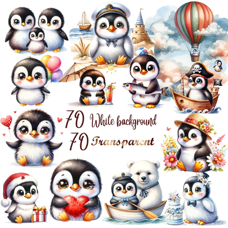 Watercolor Cute Penguin Clipart Png, Cute Kawaii Penguin Sleeping on Cloud Nursery Sublimation, Penguins Lover Birthday Kids Baby Shower Png
