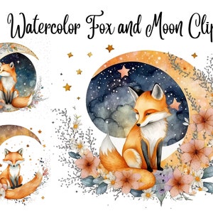 12 Fox and Moon Clipart JPGs, Commercial Use,Digital Download, Card Making, Mixed Media, Digital Paper Craft,Watercolor clipart, Fox Clipart
