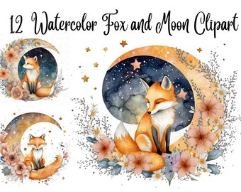 12 Fox and Moon Clipart JPGs, Commercial Use,Digital Download, Card Making, Mixed Media, Digital Paper Craft,Watercolor clipart, Fox Clipart