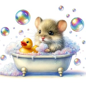 May include: A small, brown mouse with big eyes takes a bath in a white bathtub with a yellow rubber ducky.  Bubbles float around the mouse and ducky.