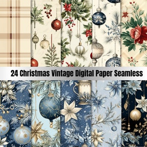24 Seamless Christmas Vintage Digital Paper, Sfondo di fiori di Natale Seamless, Sfondo floreale di Natale, Scarica Junk Journal, Scrapbooking