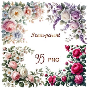 May include: A set of 35 floral corner designs in PNG format. The designs feature various flowers in shades of pink, purple, white, and green. The flowers are arranged in a corner design, perfect for adding a touch of elegance to your projects.