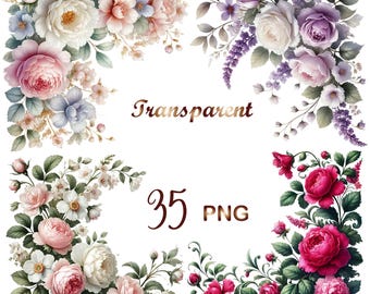 35 PNG Floral Border Clipart Bundle, Flowers Corners, Wedding art,colorful border clipart,decorative border, Digital Download,Commercial Use