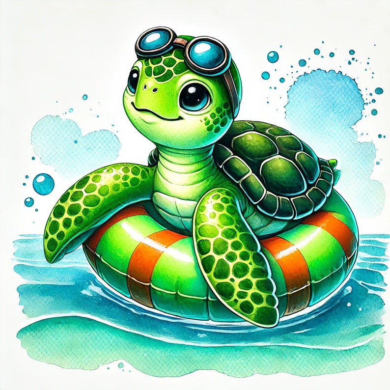 May include: A green sea turtle wearing goggles floats in a green and orange inflatable ring in blue water.