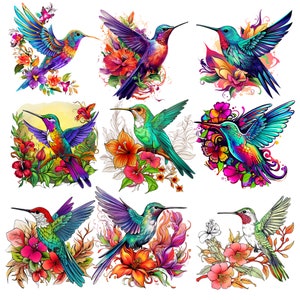 Op de afbeelding: Negen kleurrijke kolibries met ingewikkelde details worden afgebeeld in een digitale illustratie. Elke vogel is omringd door levendige bloemen en bladeren, wat een fantasierijke en levendige sc&egrave;ne cre&euml;ert.