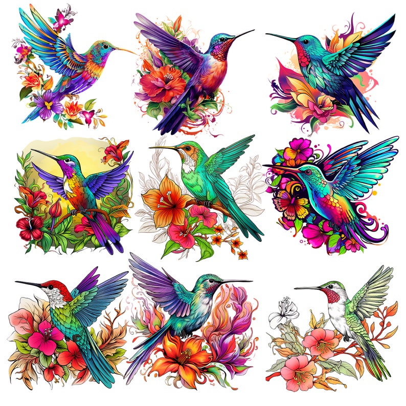 Op de afbeelding: Negen kleurrijke kolibries met ingewikkelde details worden afgebeeld in een digitale illustratie. Elke vogel is omringd door levendige bloemen en bladeren, wat een fantasierijke en levendige sc&egrave;ne cre&euml;ert.