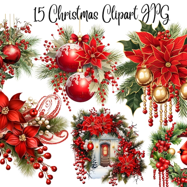 15 Christmas Clipart, High Quality JPGs, Digital Download - Card Making, Mixed Media, Digital Paper Craft,Christmas clipart
