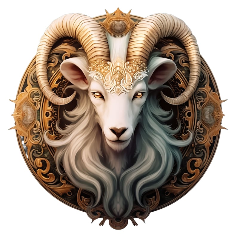 May include: A white ram with golden horns and a crown, set against a background of ornate gold and green scrollwork.