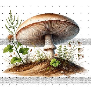 May include: A large, brown mushroom with a white stem and gills. The mushroom is surrounded by green grass and small white flowers.