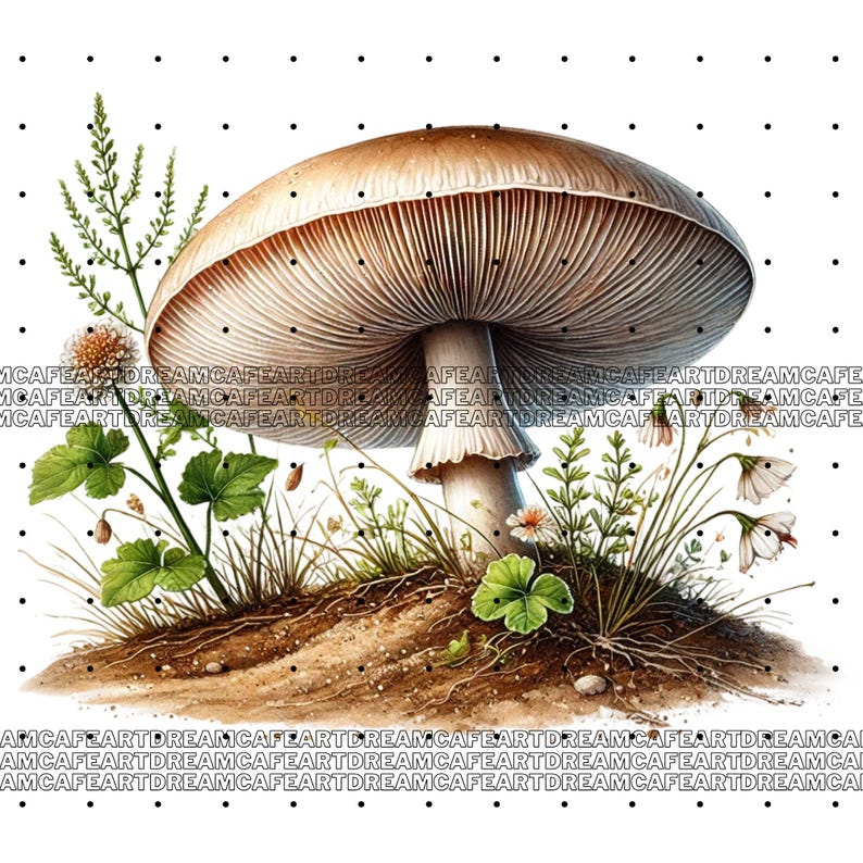May include: A large, brown mushroom with a white stem and gills. The mushroom is surrounded by green grass and small white flowers.