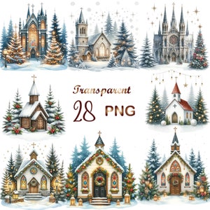 28 PNG, pacote de clipart de igreja em aquarela, pacote de clipart de Natal, clipart de igreja de inverno, igreja festiva coberta de neve, uso comercial