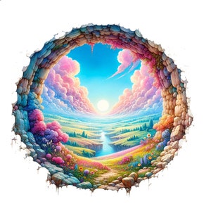 以下が含まれることがあります： 緑豊かな谷に川が流れ、その風景が岩のアーチで囲まれている、カラフルでシュールな風景画。空には雲と明るい太陽が輝いています。