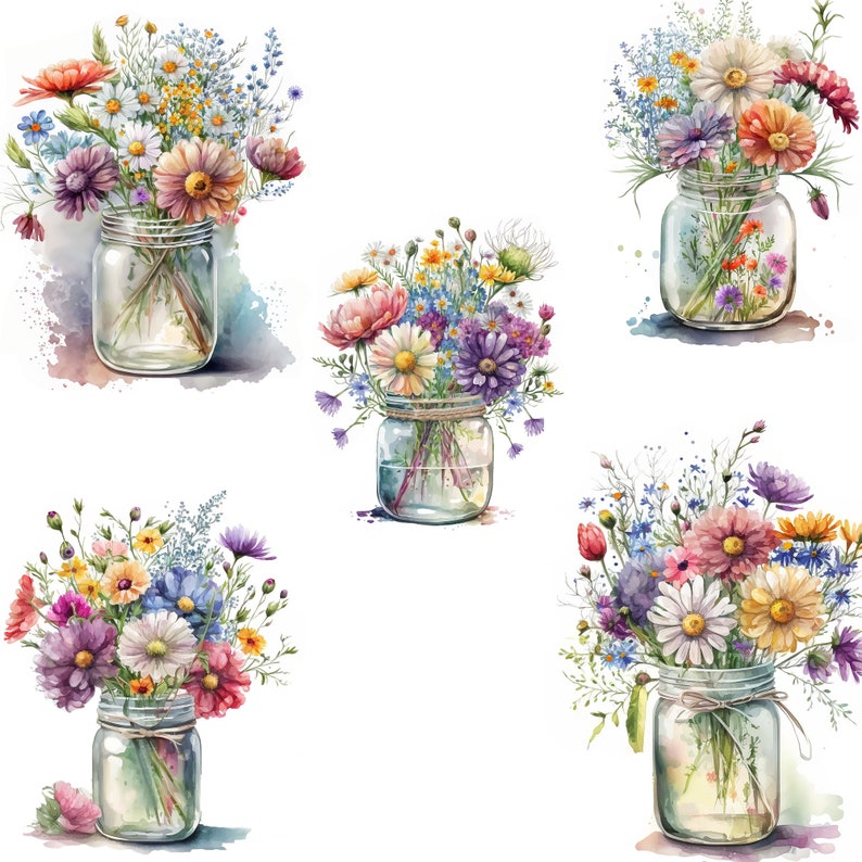 K&ouml;nnte beinhalten: F&uuml;nf Glasvasen gef&uuml;llt mit bunten Wildblumen, darunter rosa, lila, gelbe und blaue Blumen. Die Vasen sind aus klarem Glas und haben einen rustikalen, Vintage-Look.