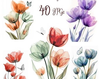 40 JPGs, Abstract Tulips Clipart bundle, Tulips Art Print, Printable Watercolor Tulips clipart, Digital download, Paper craft, junk journals
