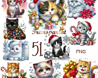 51 PNG Christmas Kitten clipart bundle, Cute Christmas Cats Clipart,Holiday Clipart Digital Download, Unlimited Commercial Use Crafts
