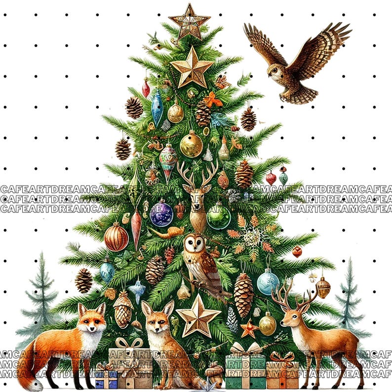 May include: A green Christmas tree decorated with ornaments, pine cones, and a star on top. There are two foxes, a deer, and an owl on the tree. The background is white with black polka dots.