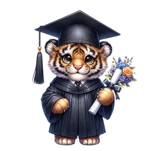 May include: A cute tiger cub wearing a black graduation cap and gown, holding a diploma and a bouquet of flowers. The tiger has orange and black stripes and big, brown eyes.