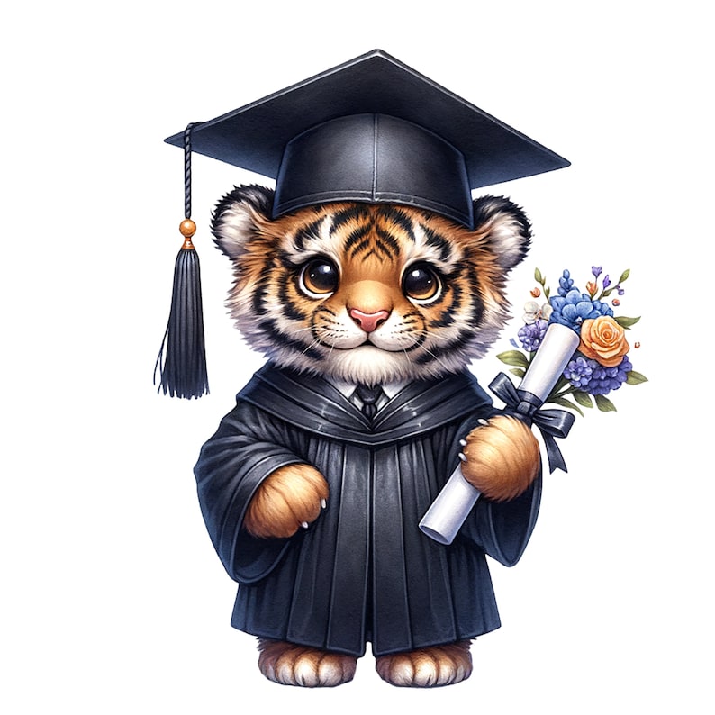 May include: A cute tiger cub wearing a black graduation cap and gown, holding a diploma and a bouquet of flowers. The tiger has orange and black stripes and big, brown eyes.