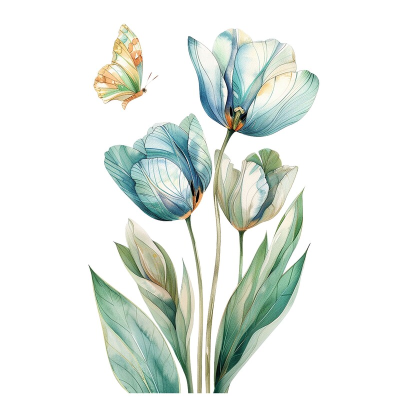 May include: Watercolor painting of a bouquet of blue and white tulips with green leaves and a yellow butterfly.
