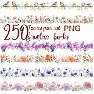 250 PNG Flower Border, Floral clipart, Seamless flower border, wildflower clip art, wildflower frame, Commercial Use  for crafts.