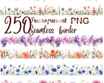 250 PNG Flower Border, Floral clipart, Seamless flower border, wildflower clip art, wildflower frame, Commercial Use  for crafts.