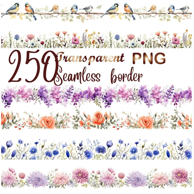 250 PNG Flower Border, Floral clipart, Seamless flower border, wildflower clip art, wildflower frame, Commercial Use for crafts. image 1