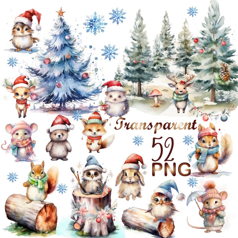 Watercolor Christmas Clipart: Woodland Animals PNG (digital Download ...