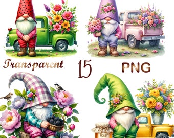 15 PNG Gnome clipart bundle, Garden clipart, Spring gnome png graphics, Gnome sublimation, Transparent background