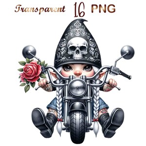 May include: A gnome with white braids riding a black motorcycle with a skull and crossbones bandana. The gnome is wearing a black hat with a skull and crossbones design. The gnome is holding a red rose.