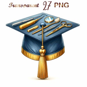 May include: A blue graduation cap with a gold tassel and a variety of dental tools inside, including a mirror, tweezers, and a toothbrush.