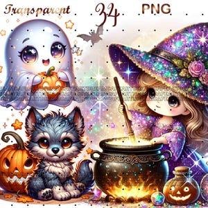 May include: A digital illustration of a witch wearing a purple and glitter hat stirring a cauldron with a wooden spoon. A ghost holding a pumpkin and a wolf pup are in the foreground. The background is a sparkly galaxy with stars.