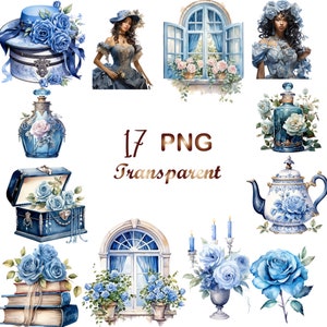 17 Watercolor Blue Rose png, Victorian Blue Rose clipart, Victorian Lady clipart, Victorian Blue clipart,Commercial Use,Digital Download