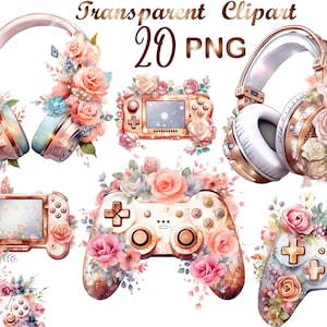 Könnte beinhalten: Ein Set mit 20 digitalen Clipart-Bildern, die verschiedene Artikel zum Thema Gaming und Musik zeigen, darunter Kopfhörer, Spielekonsolen und Controller, die alle mit zarten Aquarell-Blumenarrangements in Rosa-, Pfirsich- und Goldtönen verziert sind.