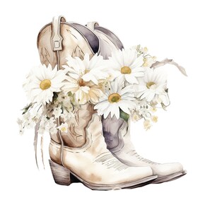Puede incluir: Un par de botas vaqueras blancas con un ramo de margaritas blancas en la parte superior de las botas.
