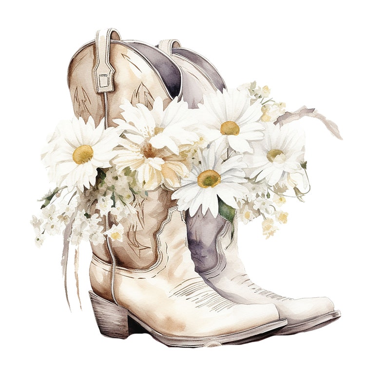 Puede incluir: Un par de botas vaqueras blancas con un ramo de margaritas blancas en la parte superior de las botas.