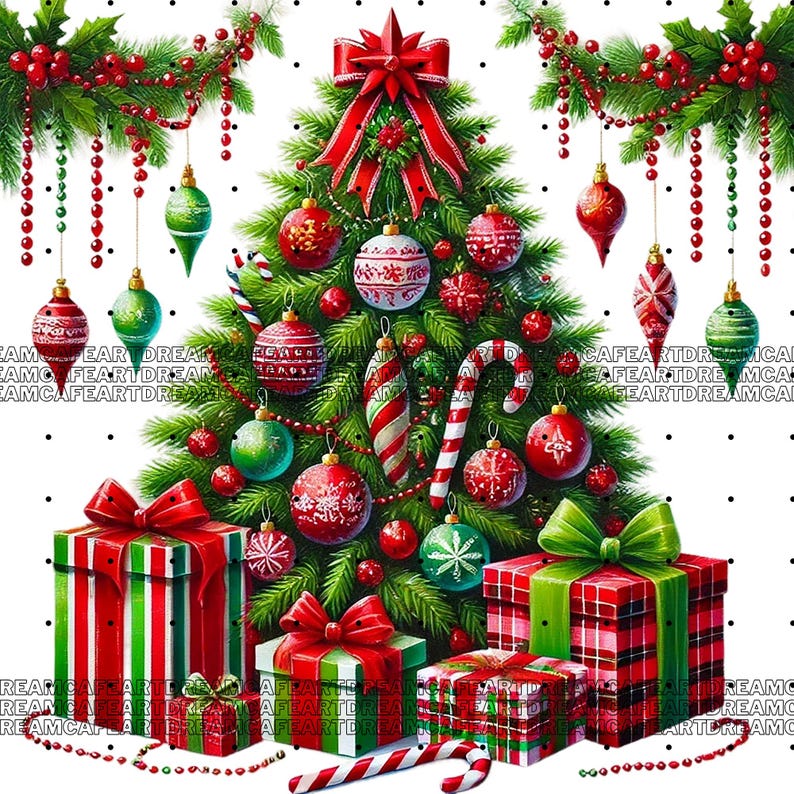 May include: A green Christmas tree decorated with red and white ornaments, candy canes, and red and green striped gift boxes. The tree is adorned with a red bow and a red star on top.