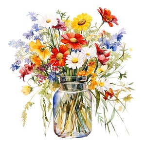 24 Vaso di fiori selvatici Clipart png,Download digitale, Pianificatore digitale, Tecnica mista, Carta digitale artigianale, Clipart acquerello, Fiori selvatici png