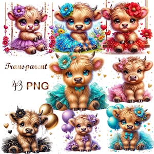 May include: Nine digital illustrations of cute cartoon Highland cows wearing different colored dresses and accessories. The cows are all sitting down and have big eyes and fluffy fur. Some of the cows are holding balloons or flowers.