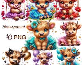43 png, cute highland cow clipart bundle, Happy Highland Cow clipart, Highland Cow birthday Clipart, highland Cow Funny Baby Cow,DTF, UV DTF