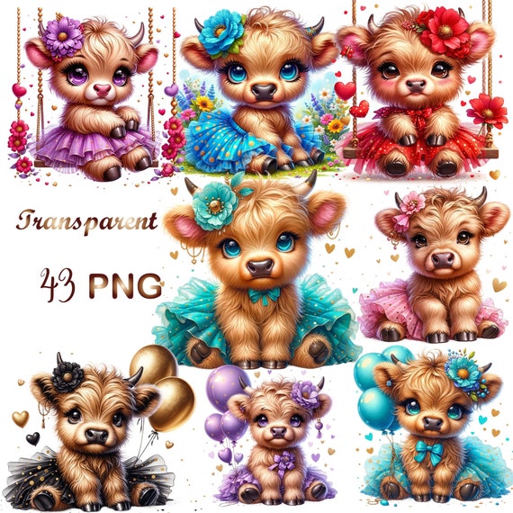 43 png, cute highland cow clipart bundle, Happy Highland Cow clipart, Highland Cow birthday Clipart, highland Cow, Instant Digital Download