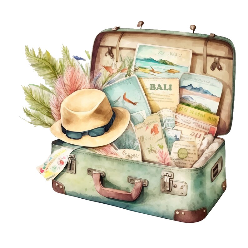 May include: A vintage green suitcase with a brown leather trim is open and packed with travel items, including a straw hat with sunglasses, postcards, and maps. The suitcase is surrounded by tropical leaves and flowers.