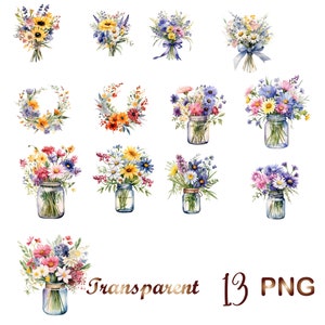 Peut inclure: Un ensemble de 13 illustrations &agrave; l'aquarelle de fleurs sauvages dans des bocaux en verre. Les fleurs sont de diff&eacute;rentes couleurs, notamment rose, violet, jaune et bleu. Les bocaux sont en verre transparent avec un aspect rustique. Les illustrations sont parfaites pour l'artisanat, le scrapbooking ou la conception num&eacute;rique.