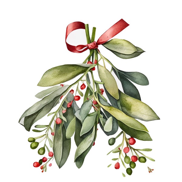 10 Mistletoe Clipart, Christmas Clipart, JPGs, Commercial use, Digital Download,Watercolor Clipart,Card Making,Clip Art,Digital Paper Craft